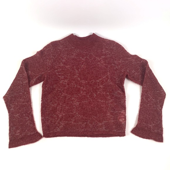 Anthropologie Hanna Lace Sweater Sm Burgundy Merino Wool Mock Neck Floral Ruffle - Picture 1 of 12